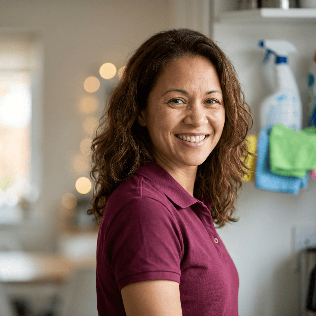 Maria Rodriguez in a catering apron, ready for event setup