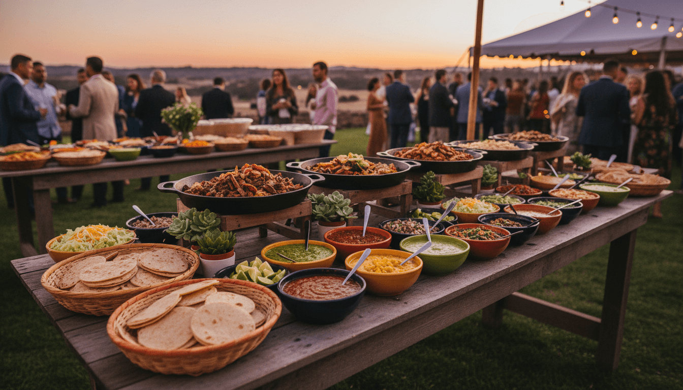Taco catering spread with tortillas and salsas on a rustic table at an outdoor event