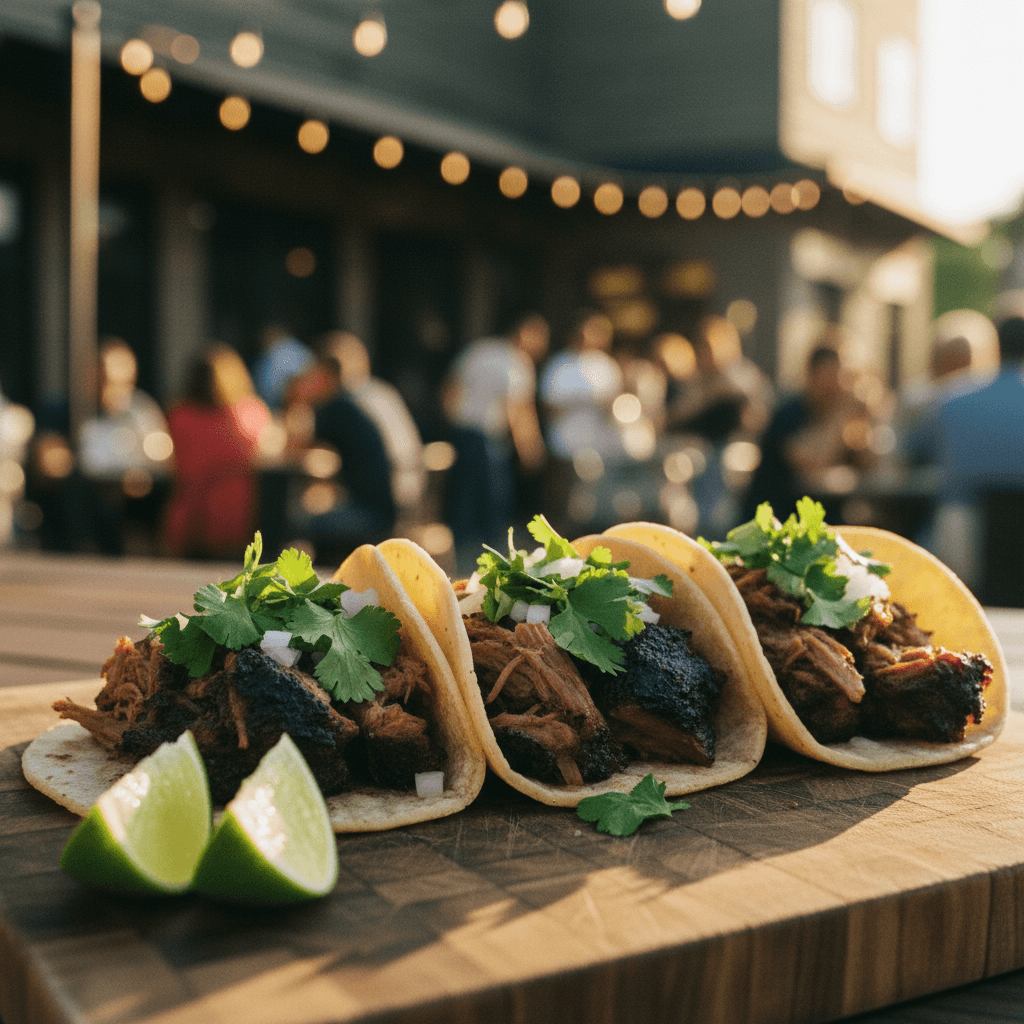 catering food spread on a table with tacos and drinks at a backyard party in warm sunlight