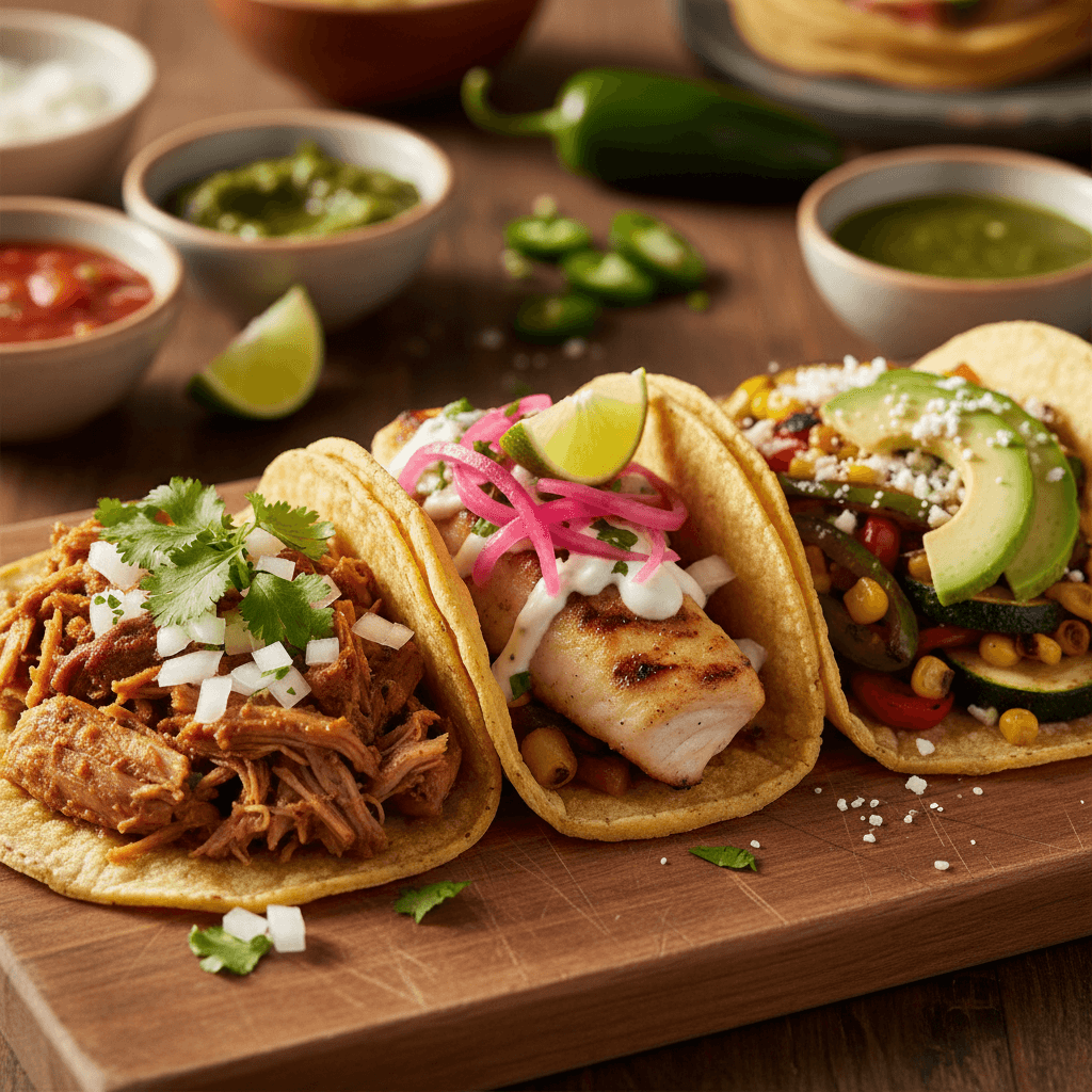 Catering spread with tacos and festive table setup