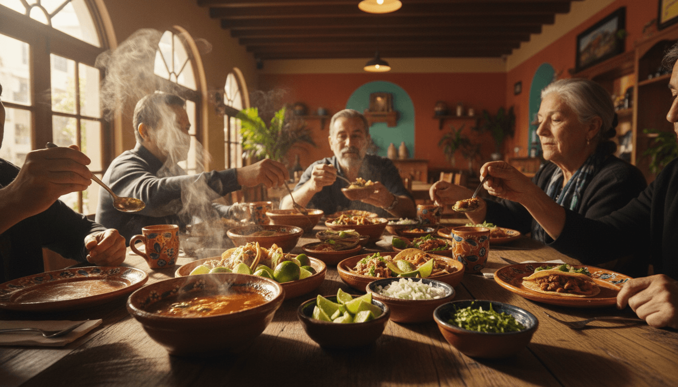 Catering spread with tacos and food on a table at a family gathering