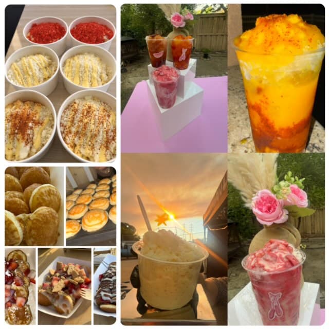 Collage featuring elote bowls, colorful frozen drinks, mangonadas, and mini pancakes topped with fresh strawberries.