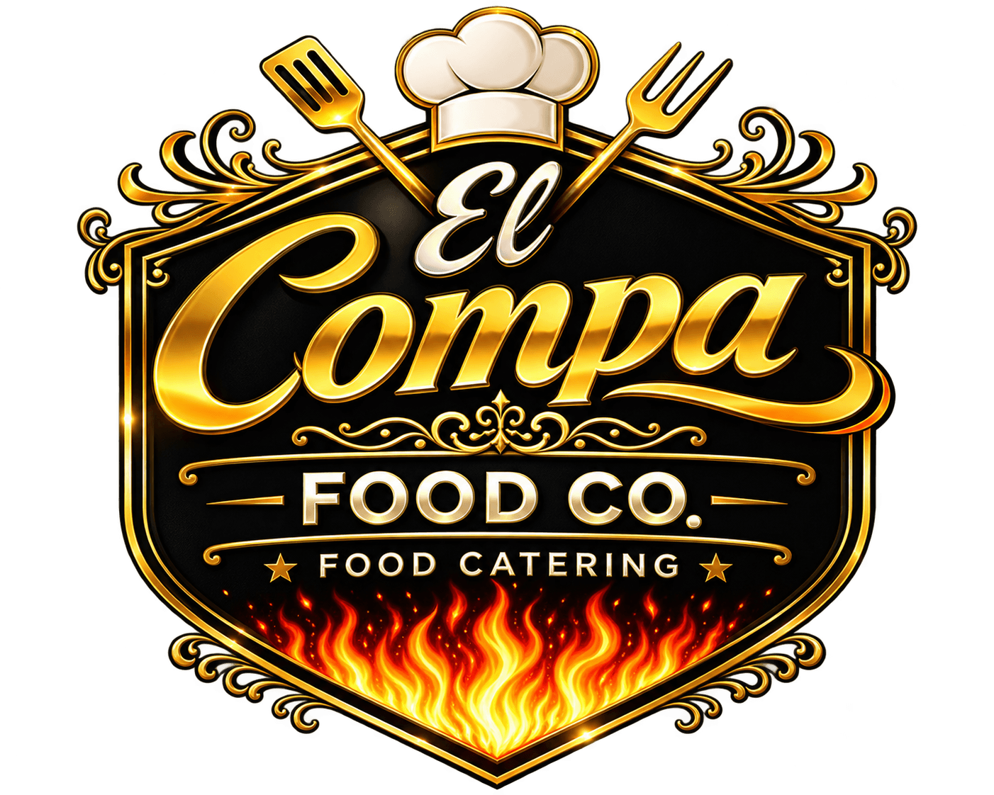 Ornate gold El Compa Food Co. catering logo with chef's hat, utensils, and flames.